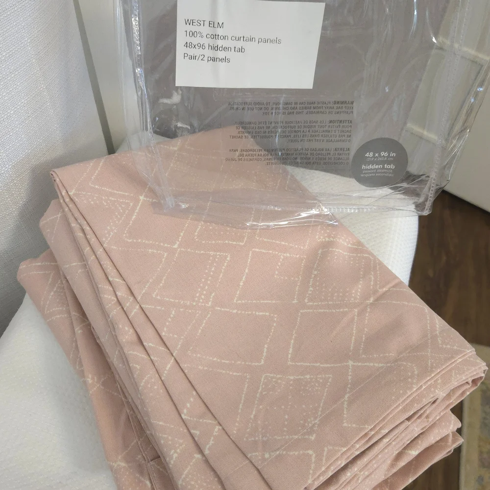 2 West Elm Curtain Panels Hidden Tabs Fragmented Squares Pink Dusty Rose 48x96